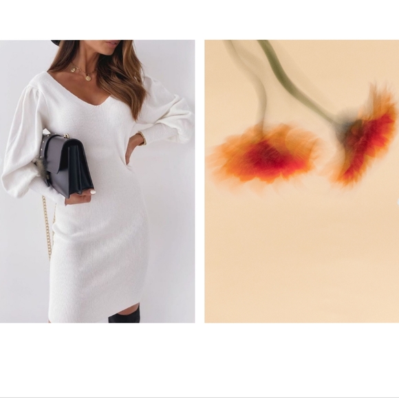 Lace Trim Backless Lantern Sleeve Ribbed Sweater Dress - Picture 1 of 3